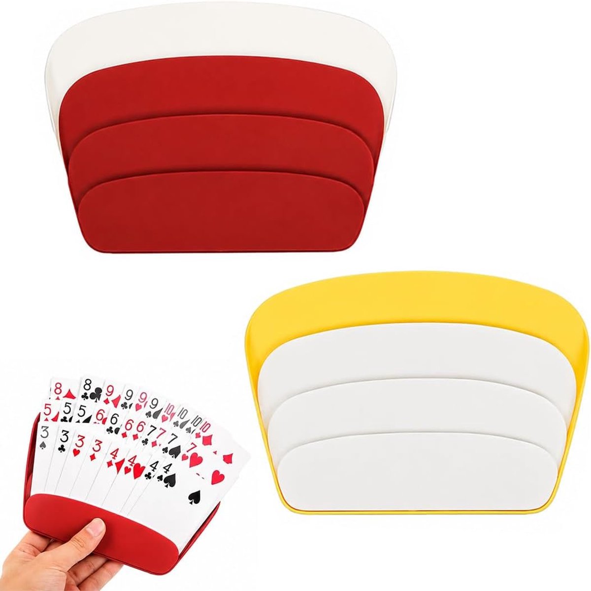 2 kaarthouders in 2 kleuren, 3-traps design, stabiele speelkaarthouder voor kinderen, volwassenen en senioren, perfect voor kaartspellen, familie-avonden en reizen