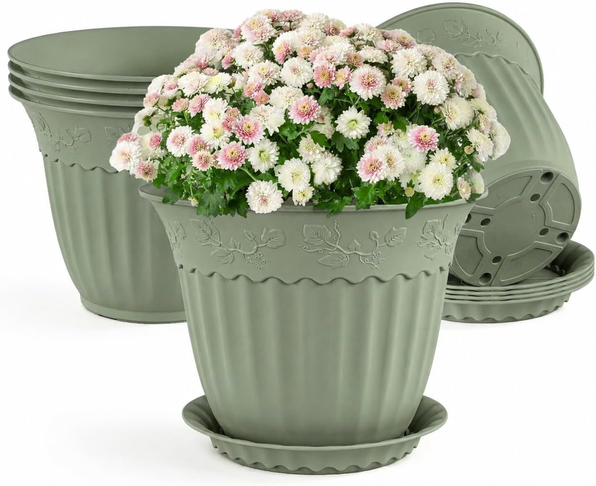 Bloempotten met onderzetter, 20 cm diameter, decoratieve bloempotten met reliëf voor binnen- en buitenplanten voor huis, tuin, terras en balkon (groen)