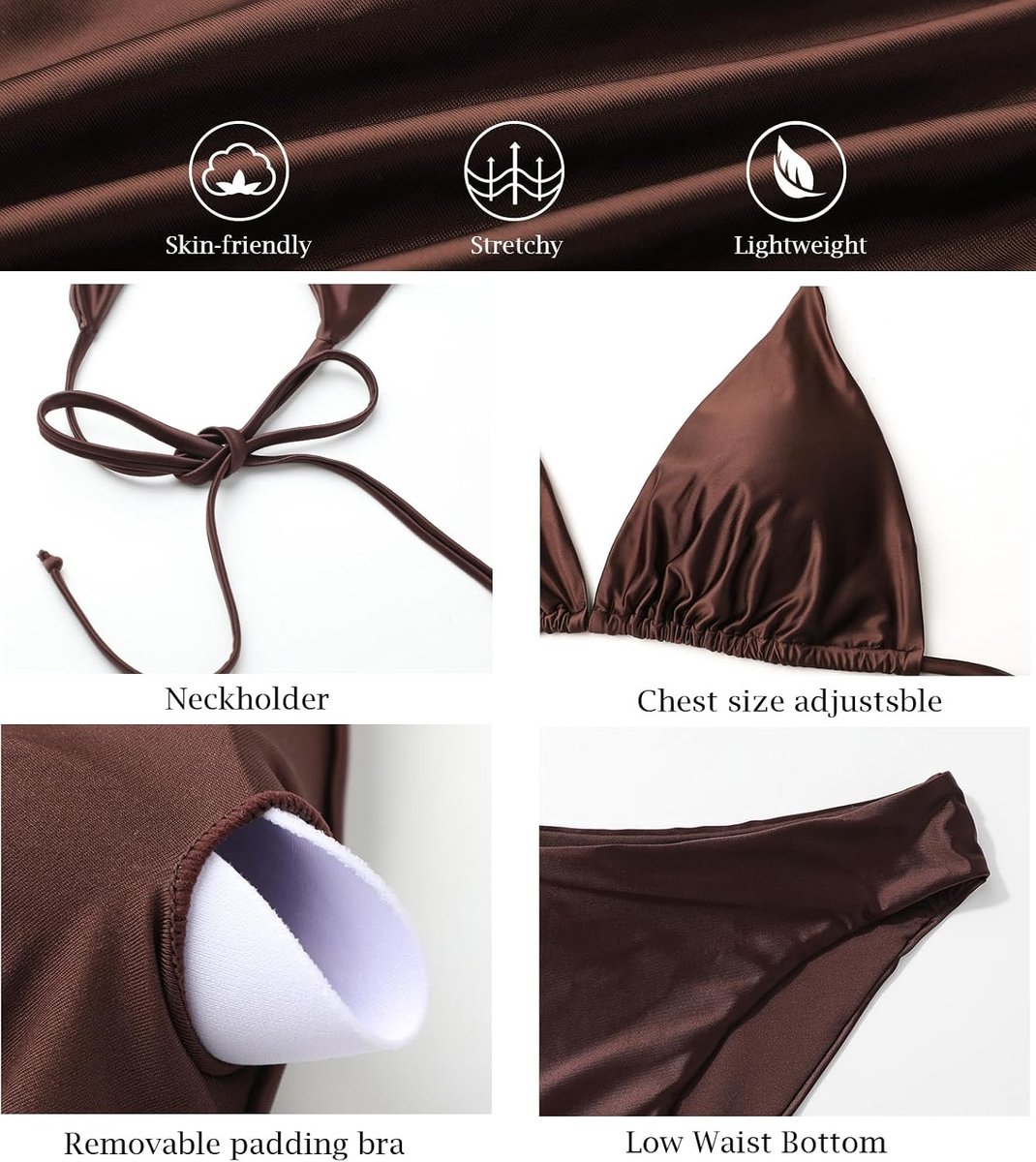 Bikiniset voor dames, driehoekig, haltertop, lage taille, bikini, badmode, fijne, zachte olieglanzende stof met cups, tweedelig badpak