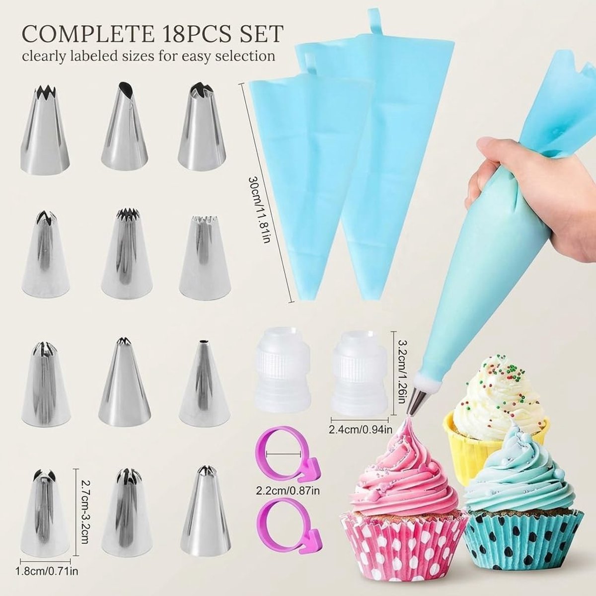 21-delig Spritzzakset met 12 RVS Spritztuitjes, Herbruikbare Spritzzakken, Decoratieve Kammen en Klemmen voor het Versieren van Taarten, Cupcakes en Desserts