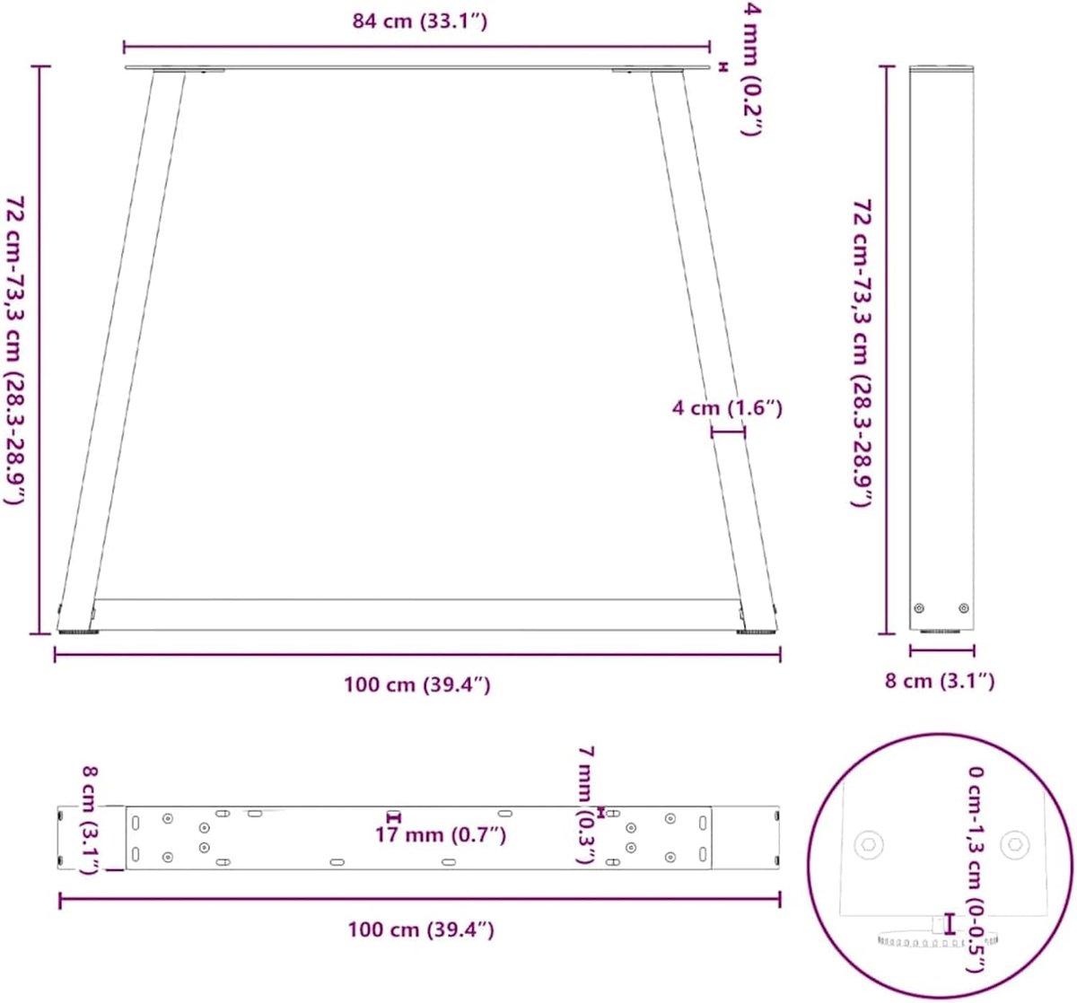 Poten V-vorm, 3 stuks, wit gepoedercoat staal, 100 × (72-73,3) cm, met voorgeboorde beugels, geschikt voor eettafel en bureau