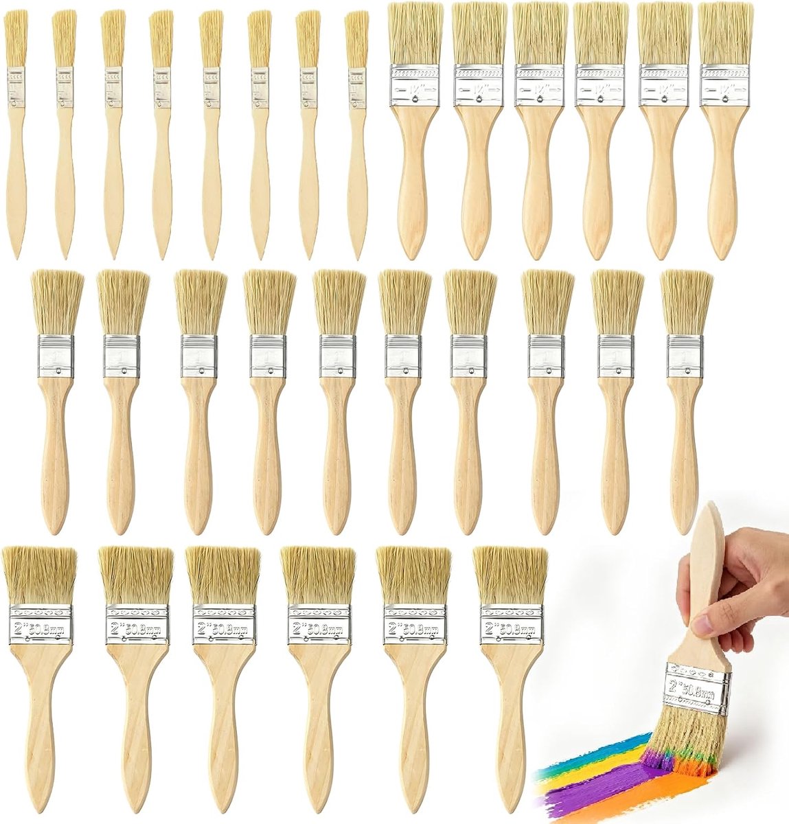 Set van 30 penselen, 1,27/2,54/3,81/5,08 cm, schilderkwastenset met houten handvat, penselenset voor verf, lijm, platte kwast, lazuurkwast voor doe-het-zelf, schilderbenodigdheden om te schilderen (4