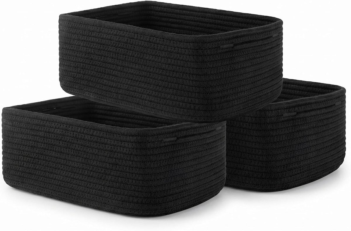 Set van 3 opbergmanden, gevlochten katoenen touw, 33 x 20 cm, opbergmanden met handgrepen, stapelbare, multifunctionele organizer, gevlochten mand voor opbergkubussen (zwart)