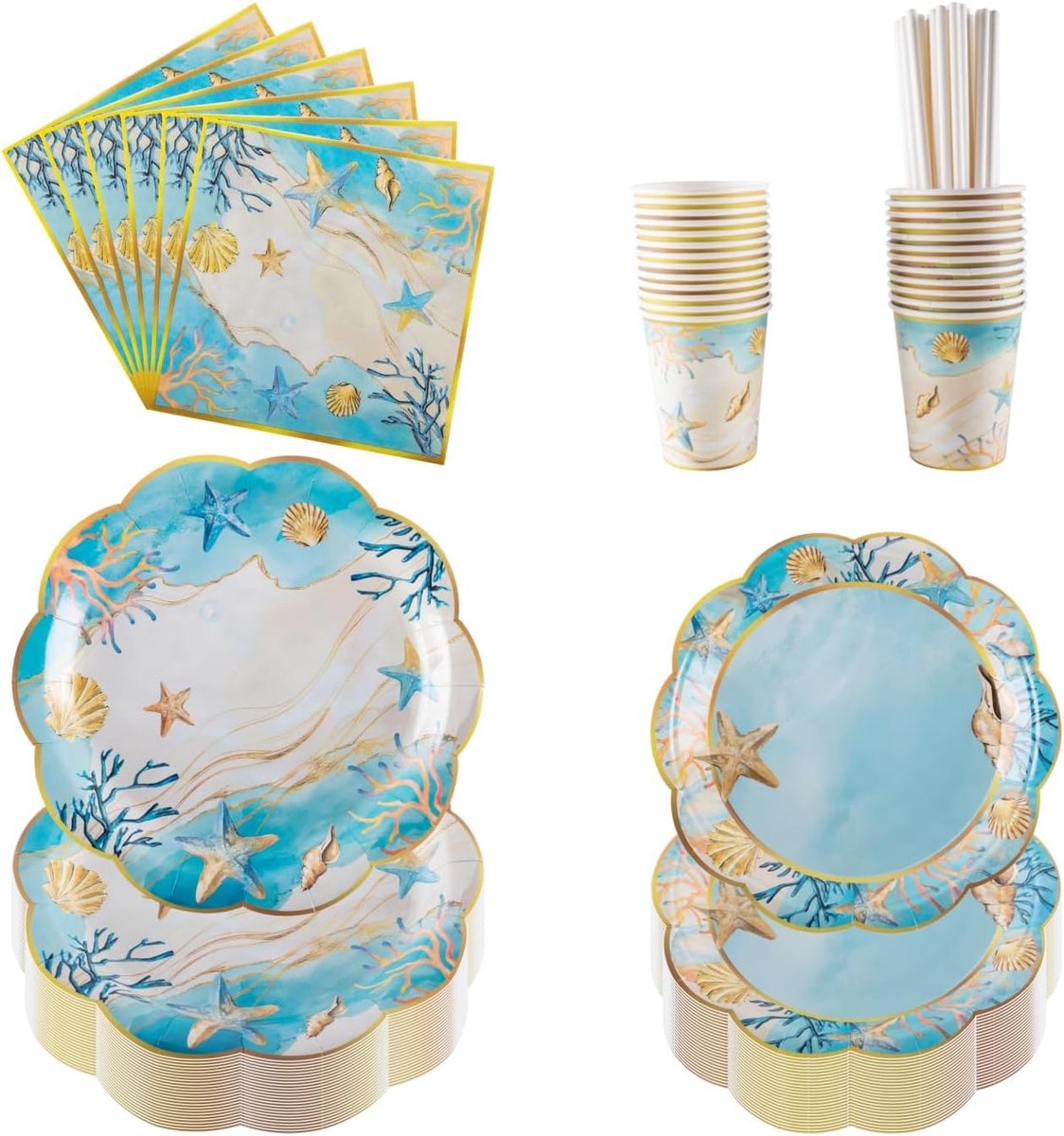 & Beach Party Serviesset voor 25 gasten, inclusief papieren borden (18 cm & 23 cm), bekers, servetten, rietjes, perfect voor strandfeesten, zomerfeest, verjaardag & oceaanthemagericht