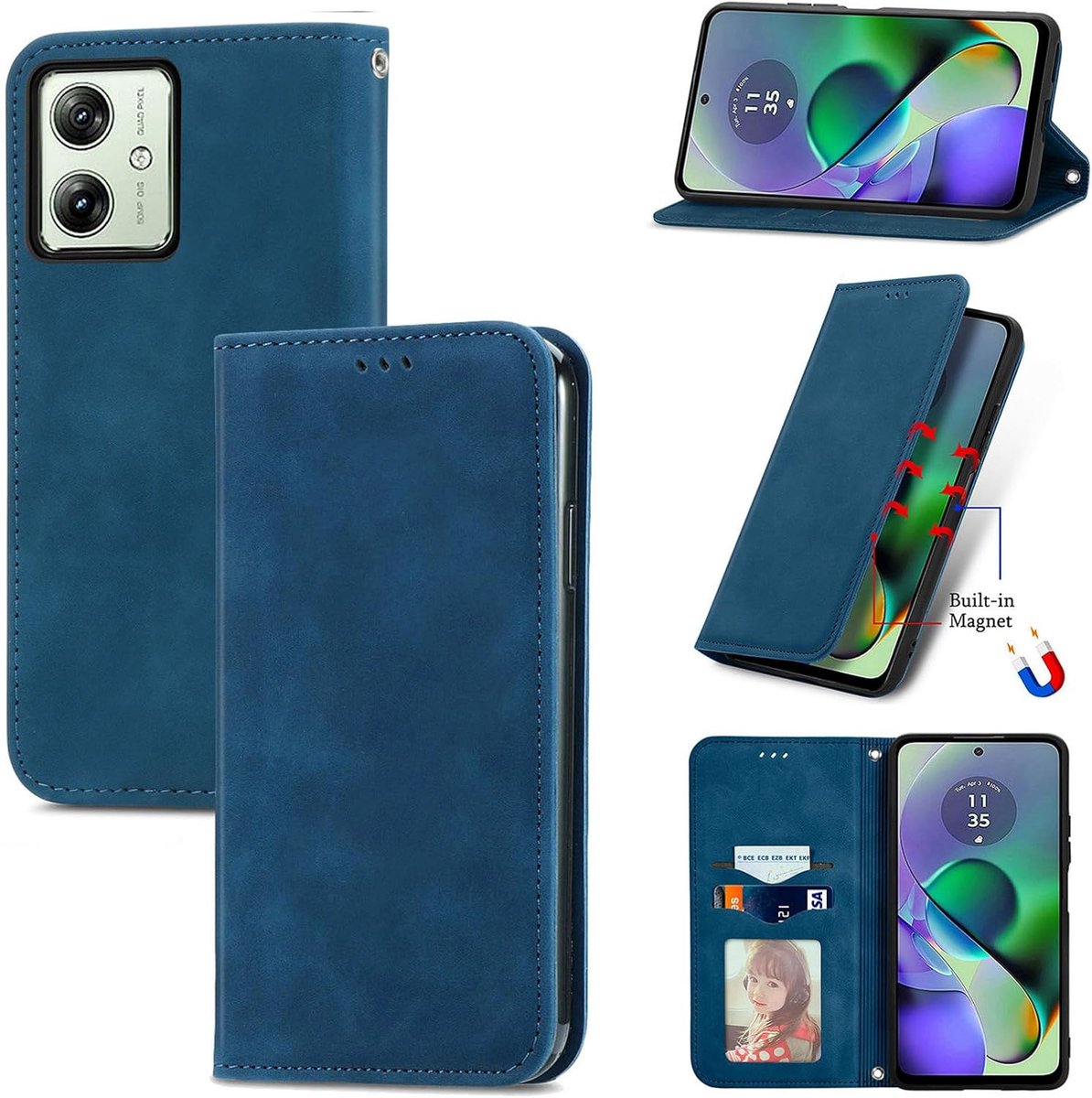 Case voor Motorola Moto G54 5G /Moto G64 5G hoesje, Premium Lederen Flip Wallet Case met Kaartenvakken en Horizontale Standfunctie Magneet Coque Cover Beschermhoesje voor Moto G54,Blauwgroen
