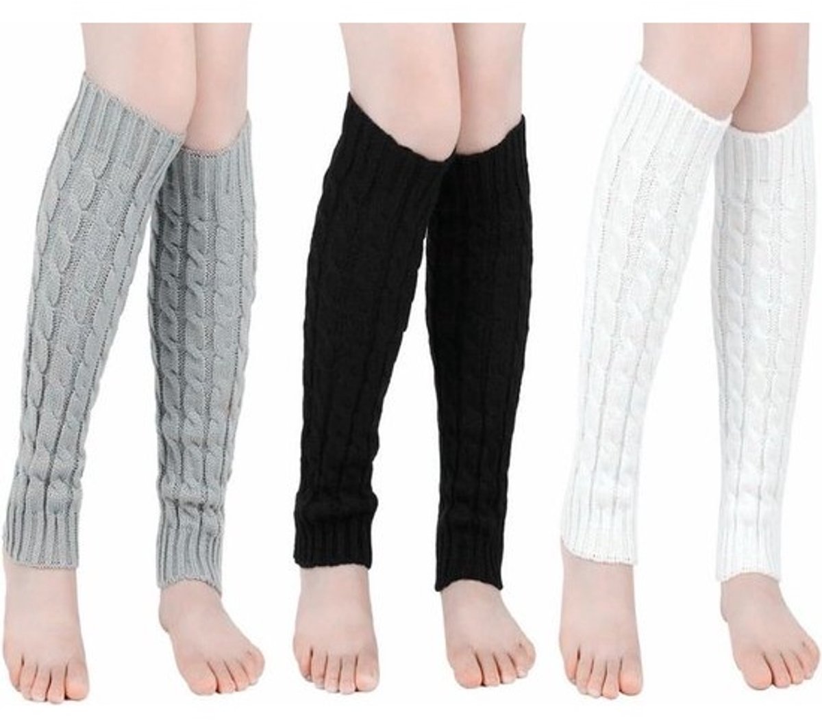 3 paar winterbeenwarmers - dames meisjes breiwerk zwart wit grijs - Eén maat .