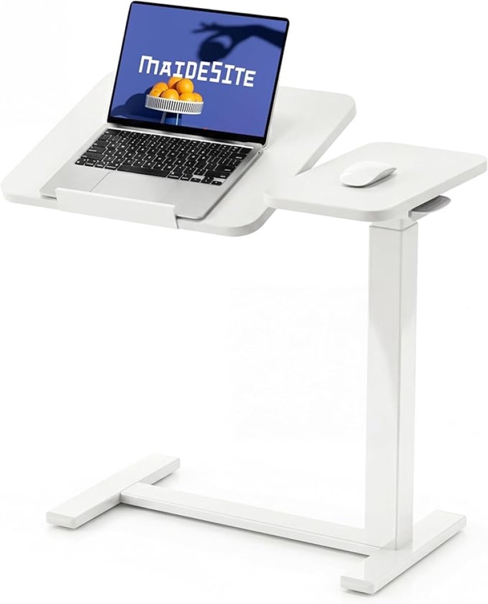 Bijzettafel C-vorm met wieltjes, in hoogte verstelbare laptoptafel voor bank & bed, mobiele bijzettafel met verdeeld tafelontwerp voor woonkamer & slaapkamer - Wit