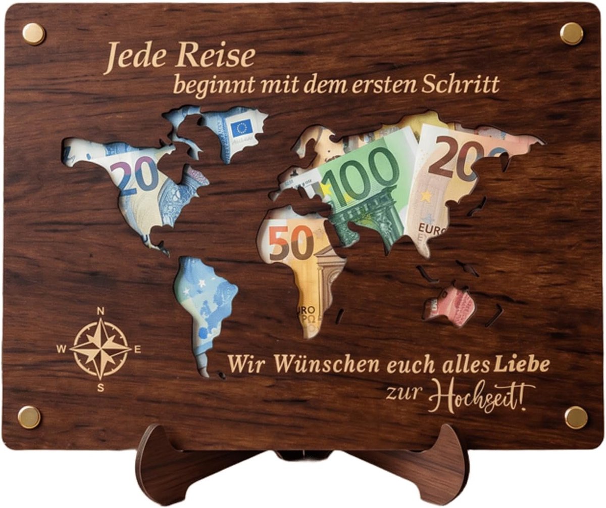 Cadeaus voor Bruidspaar Geldcadeau voor Bruiloft Bruiloftscadeau Geld Wereldkaart Houten Cadeau voor Zilveren Bruiloft Gouden Bruiloft Verlovingscadeau Gepersonaliseerde Bruiloftskaart Geldcadeau