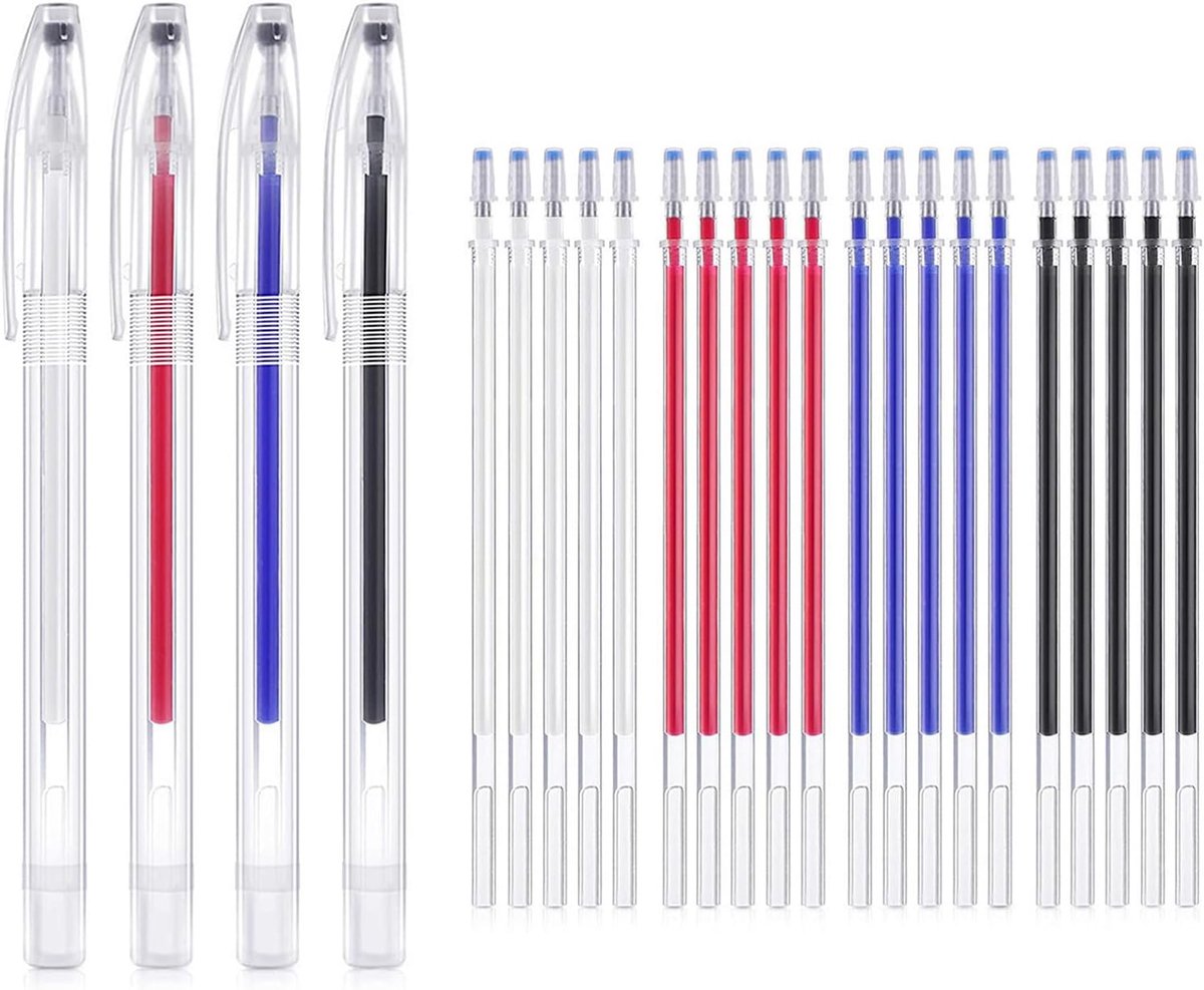 24 stuks markeerstiften voor stof, naaimarkeerset met hittegevoelige inkt, uitwisbaar met strijkijzer, in 4 kleuren (rood, blauw, wit, zwart), veelzijdig voor naaien, quilten en leerbewerking