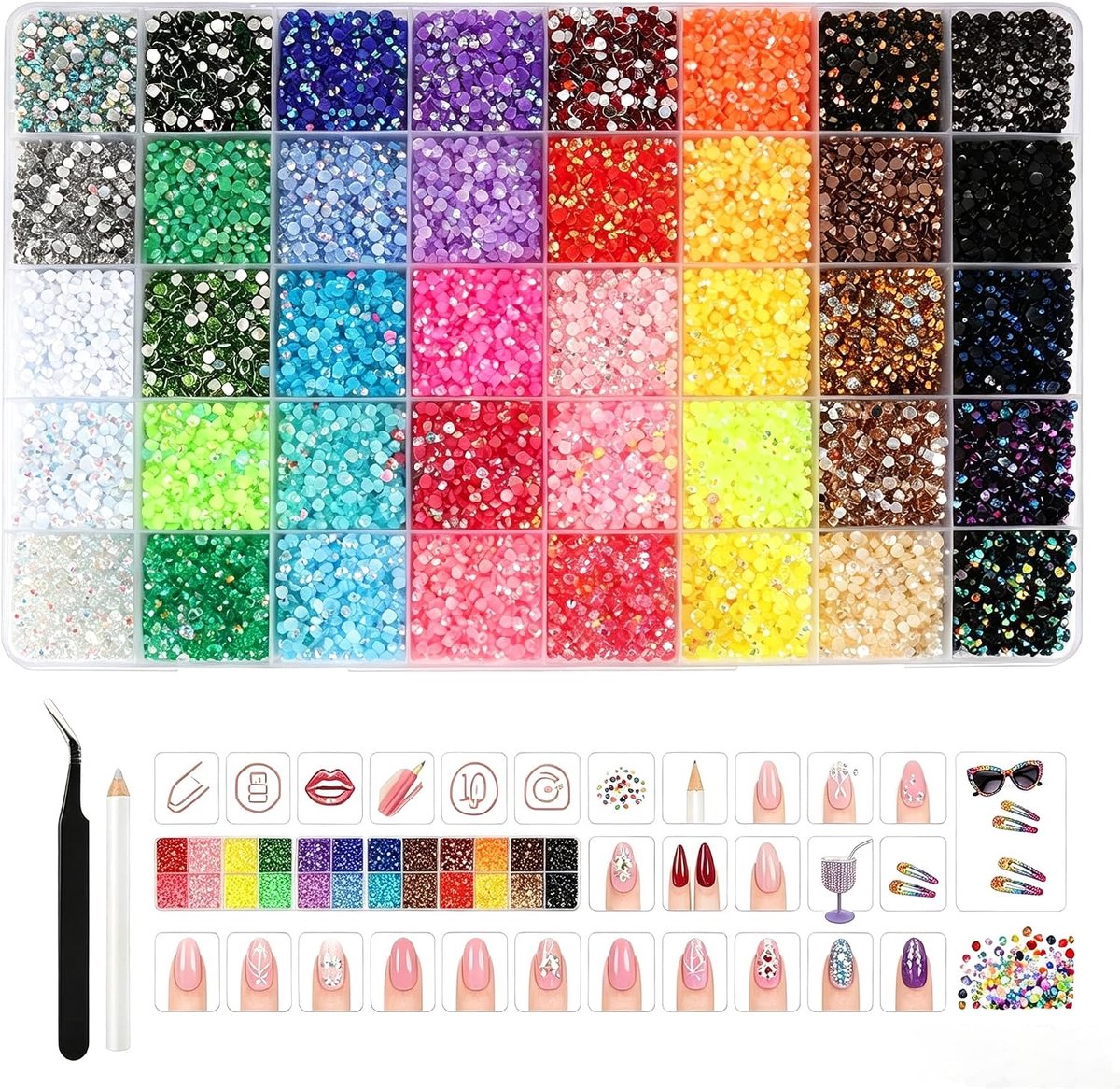 40.000 stuks strass-steentjesset, 40 kleuren, 3 mm, jelly strass-steentjes, glitterstenen om te knutselen met pincet en pen, kleurrijke glitterstenen, bedazzler voor knutselen, nagels, diamond