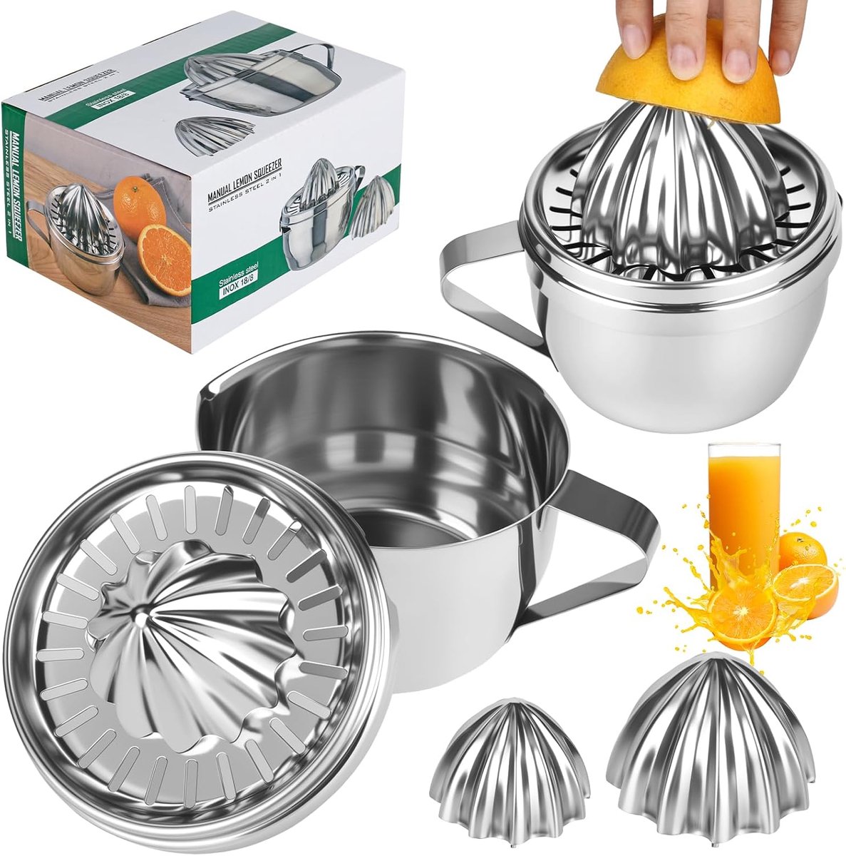 Sinaasappelpers van roestvrij staal, citroenpers, citruspers, limoenpers, fruitpers, handpers van roestvrij staal 304, handsapcentrifuge (2 perskoppen) met ergonomische handgreep