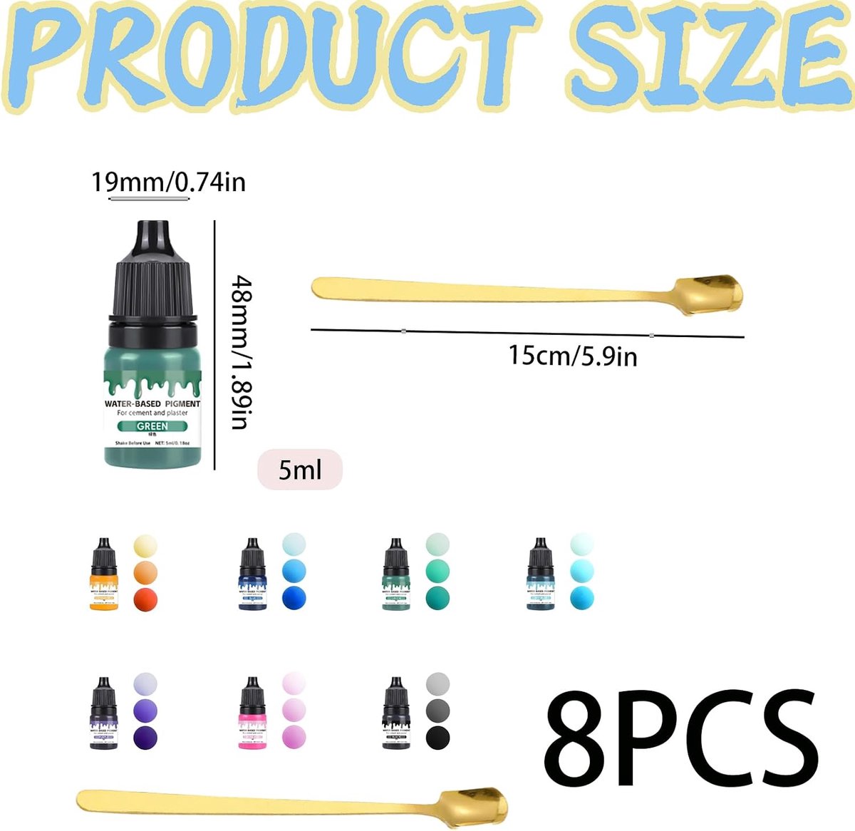 8 stuks kleurpigmenten voor gietpoeder, 7 kleuren pigment op waterbasis en 1 metalen lepel, sterk geconcentreerde verf voor gietpoeder, gips voor gieten, betonverf