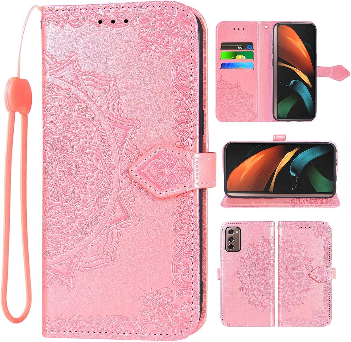 Hoes voor Samsung Galaxy Z Fold 2 5G met Koord met Card Holder Stand Leather Wallet Flip Hoesje ZFold2 Fold2 Z2 Telefoonhoesje Phone Cover Case Mandala Rosé Goud