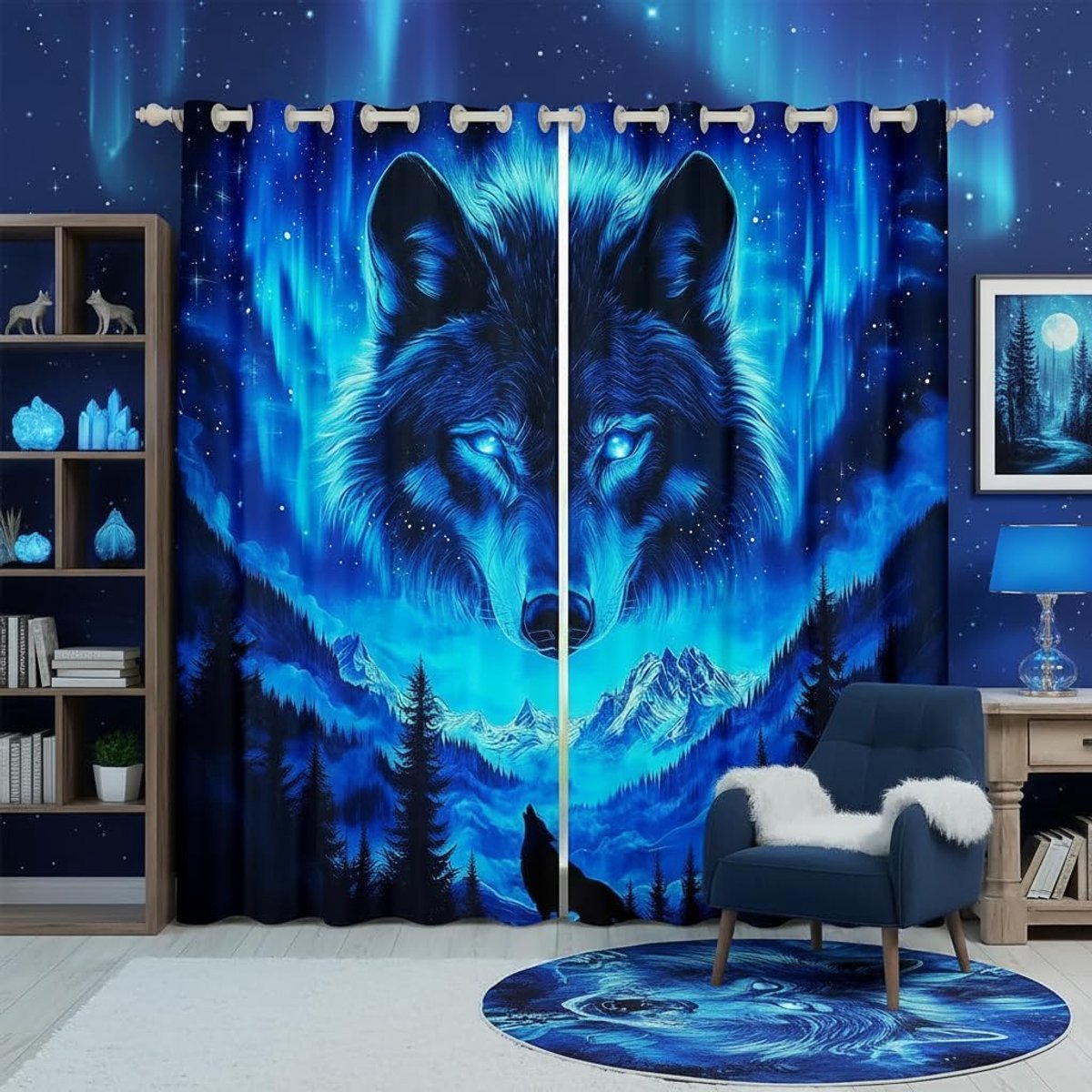 Raamgordijnen met wolf-print, wildlife wolf, dier, jachtthema, woondecoratie, blauw, Galaxy sneeuw, bergen, grenen, natuurlijke duurzame raamgordijnen voor kinderen, 2 panelen, maat M