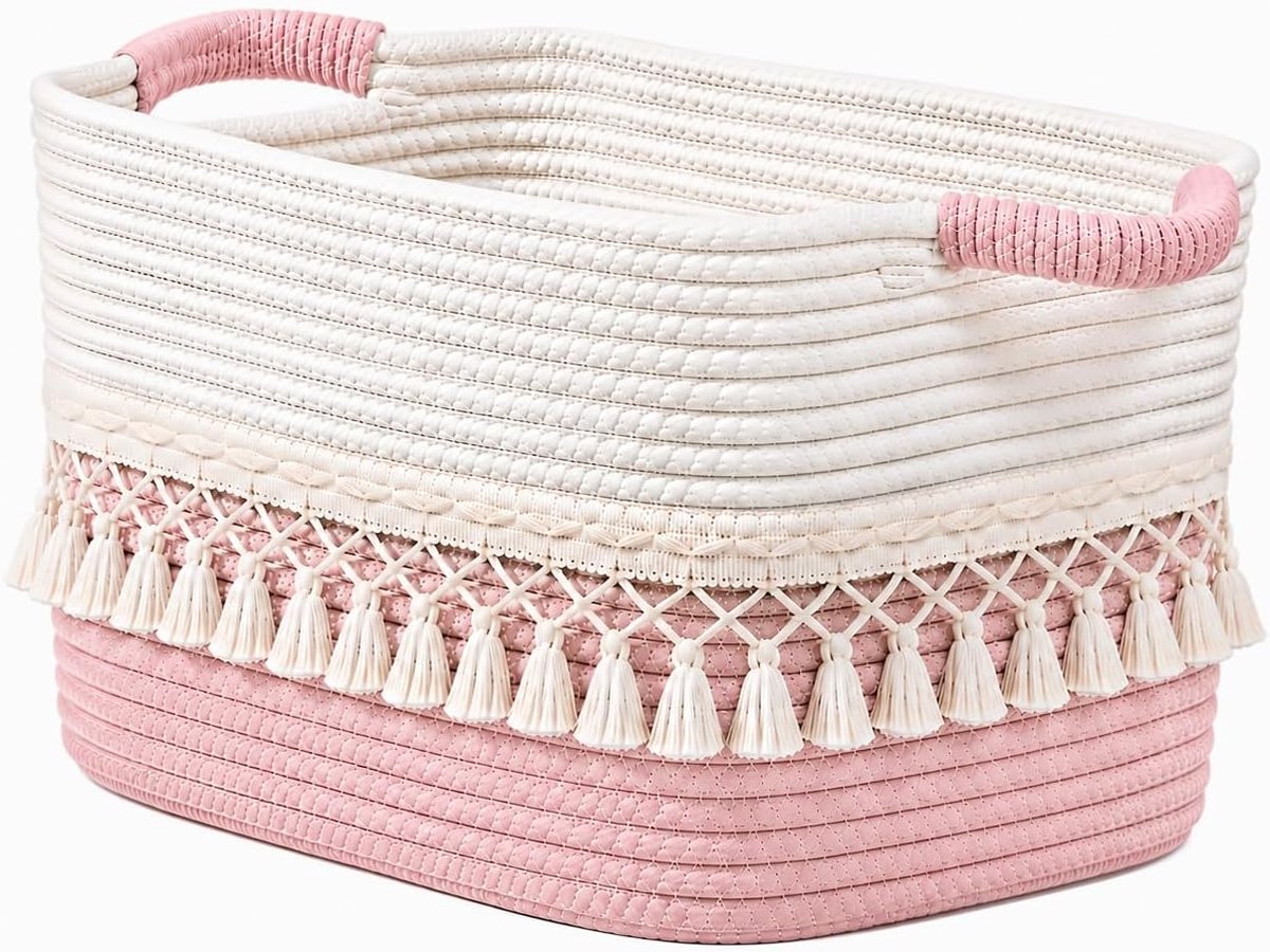 Opbergmanden van gevlochten katoenen touw, groot, boho-stijl, met kwastjes, opbergmanden voor planken, organizerkubussen voor babykleding (roze)