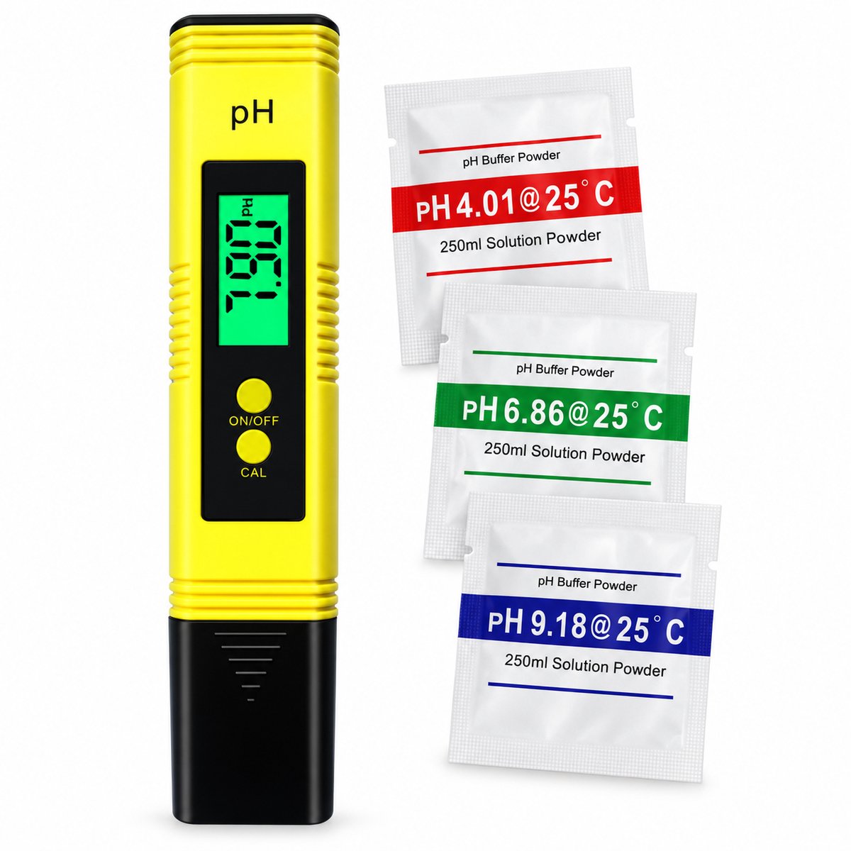 Digitale pH Meter - 0,01 pH Resolutie en ATC - Gele Achtergrondverlichting - Inclusief 3 Kalibratiepoeders - Voor Zwembad, Aquarium en Hydroponics