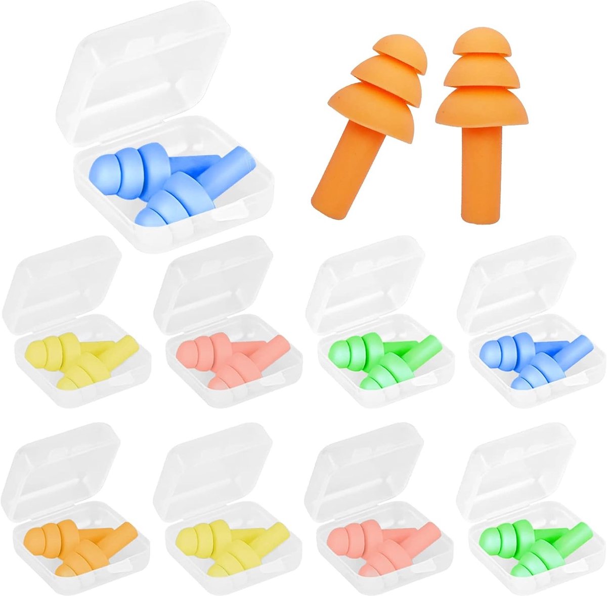 Set van 10 paar herbruikbare siliconen oordopjes voor slapen en zwemmen, ruisonderdrukkend met draagbare opbergdoos, 5 kleuren beschikbaar