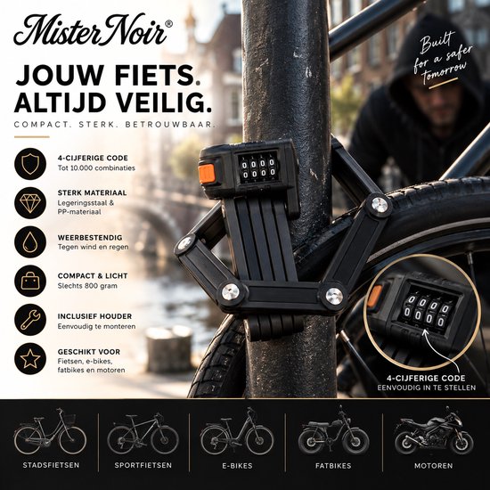 Mister Noir® Vouwslot - Fietsslot - Fatbike slot - Zwaar Gehard Staal - Cijferslot - Anti-Diefstal - Compact en Opvouwbaar - Met Houder - Geschikt voor Elektrische Fietsen & Motoren (90 cm) — afbeelding 4