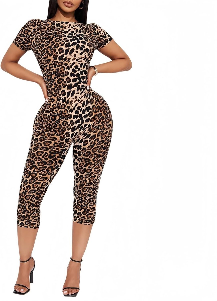 Dames Jumpsuit met Korte Mouwen en Luipaardpatroon, Perfect voor Feestjes en Yoga, Stretchy en Slank Model, Rugloos Design