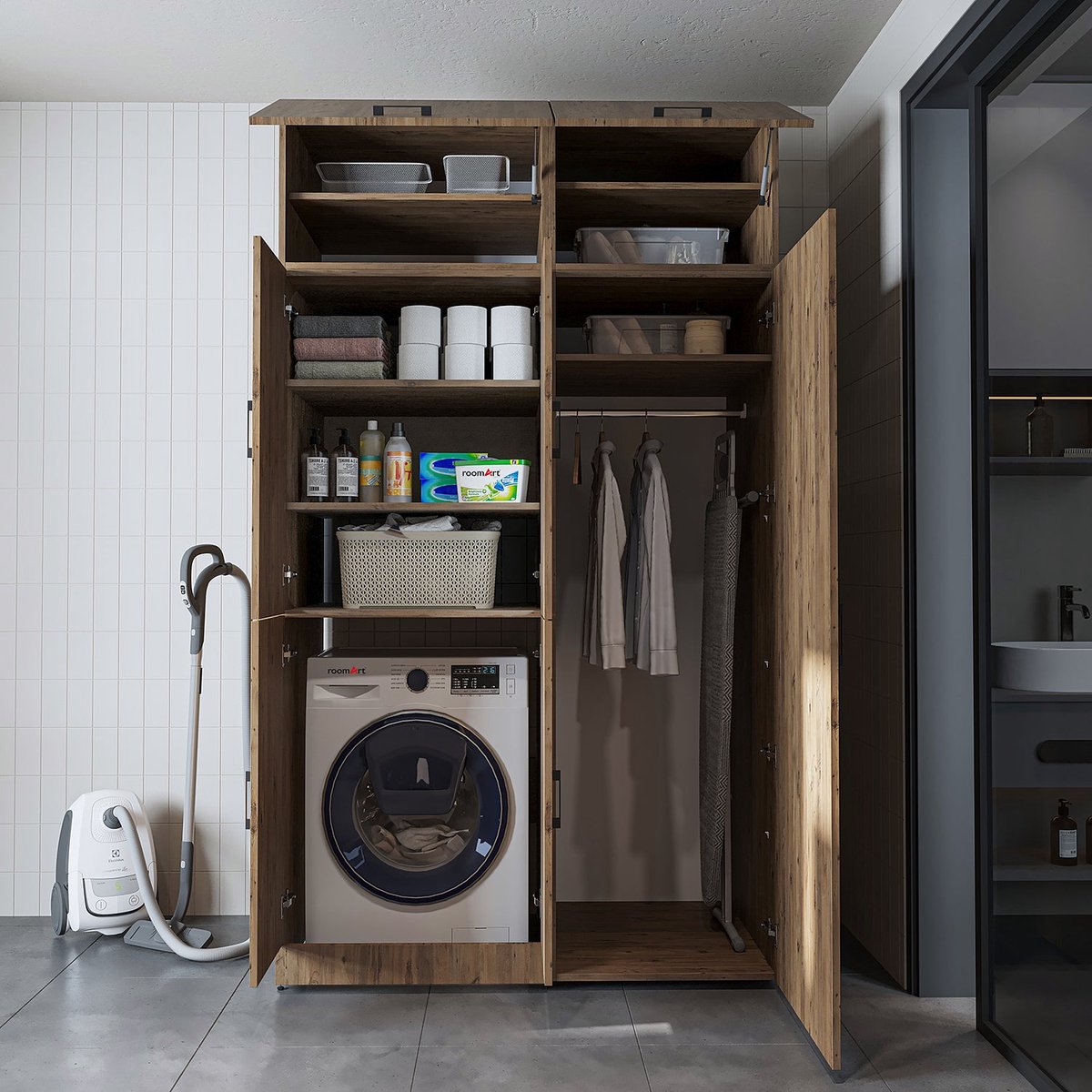 Roomart DORA-II Wasmachine Ombouwkast 130x230 cm met Opzetkast - Eiken
