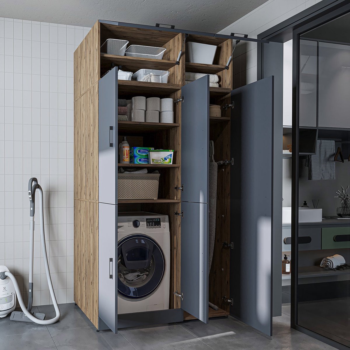 Roomart DORA-II Wasmachine Ombouwkast 115x230 cm met Opzetkast - Antraciet Eiken