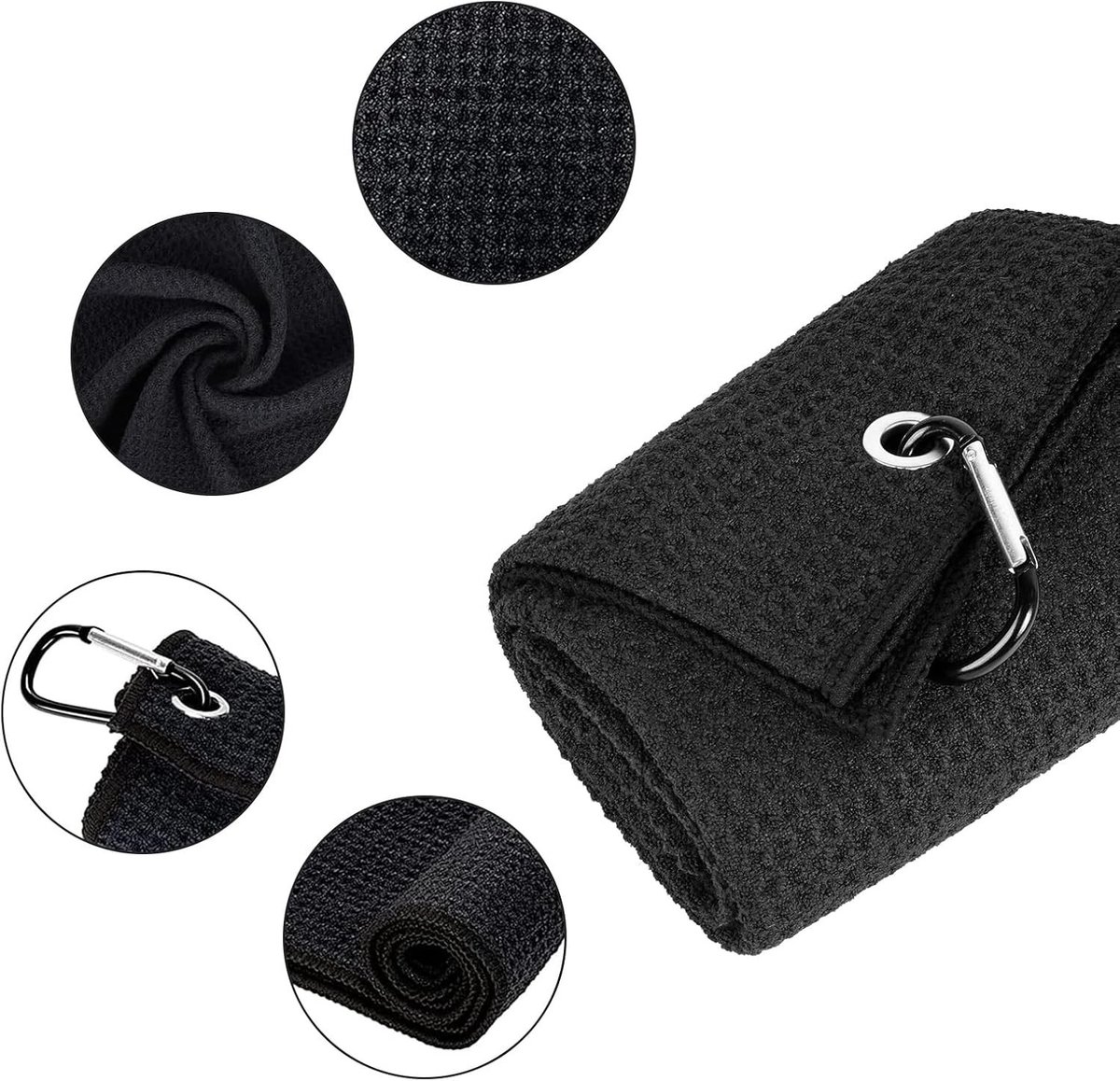 Set van 2 Microvezel Golfhanddoeken 30 x 50 cm met Carabiner Clip voor Golf en Sportgebruik, Zwart en Duurzaam