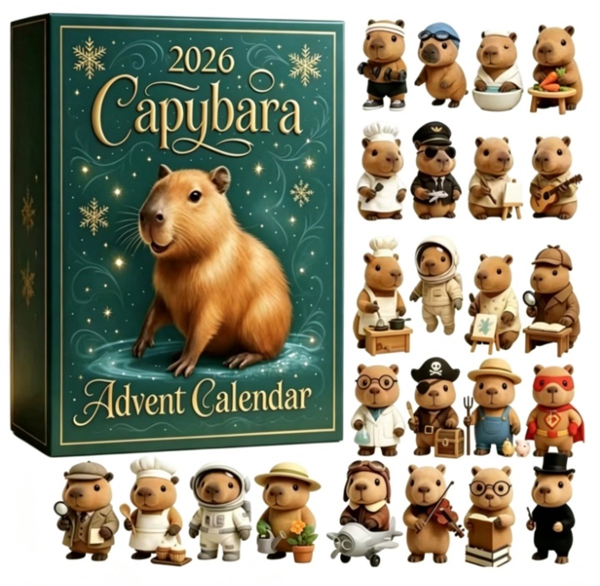 Casalora Kerst Aftelkalender 2026 – 24 Dagen Countdown met 24 2D Acryl Decoraties – Kerst Cadeau en Tafeldecoratie–- Voor Kinderen en Volwassenen - Capibara Thema