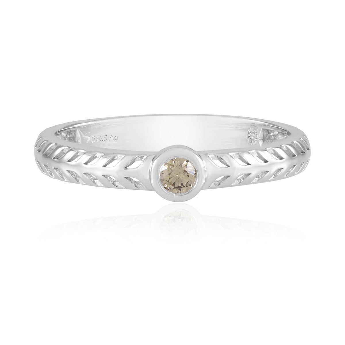 Cavill - Elegante damesring 925 Sterling Zilver - 0,1 ct Champagne Diamant I2 - Ronde Briljant Bezel - Vlochten bandje - Gerhodineerd