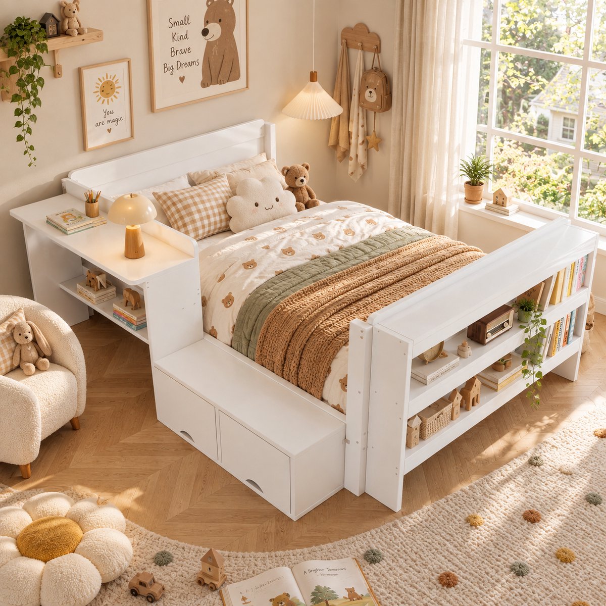 Welltin Kinderbed 120x200 cm - Eenpersoonsbed - Slaapbank - Vloerbed - Multifunctioneel bed - Massief hout - Met bureau - Met opklapbaar opbergvak - Met open opbergruimte - Lattenbodem - Ruimtebesparend - Snel Gemonteerd - Wit