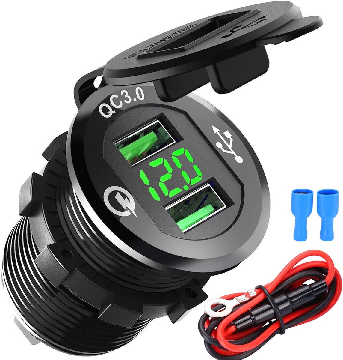 Charge 3.0 USB-autostopcontact, dubbele autolader, 12 V/24 V, 36 W, QC 3.0, waterdichte auto-sigarettenaansteker, adapter, 12 volt stekker, inbouwbus voor motorfiets, caravan, boot, vrachtwagen