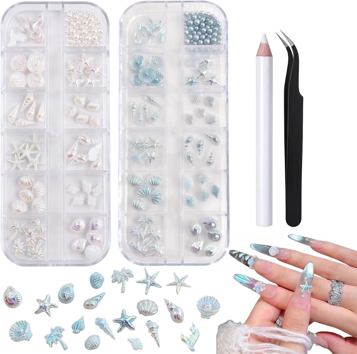 2 dozen zomer nagelbedelset, 24 roosters 3D nageldesign accessoires met schelpen zeester kralen, inclusief pincet en applicatorstift voor doe-het-zelf nail art decoratie
