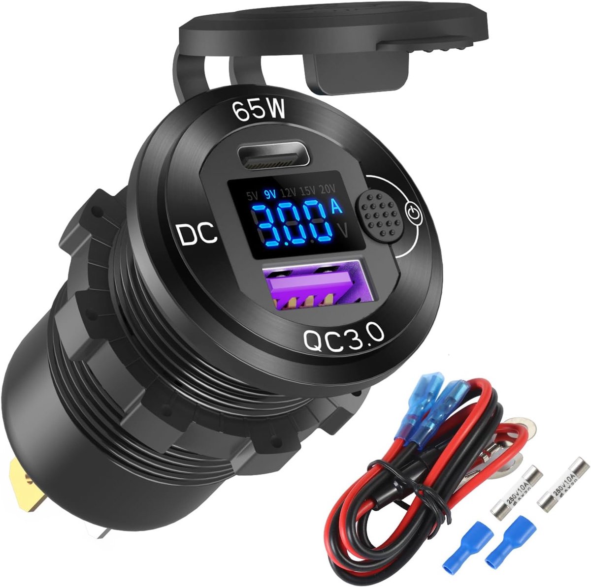12V USB Outlet Aluminium Autolader PD65W Poort voor Laptops, Quick Charge 3.0 USB-poort voor auto, ingebouwde Boost 15V 20V Output Socket Waterdicht met Voltmeter en Schakelaar voor RV Marine Boat