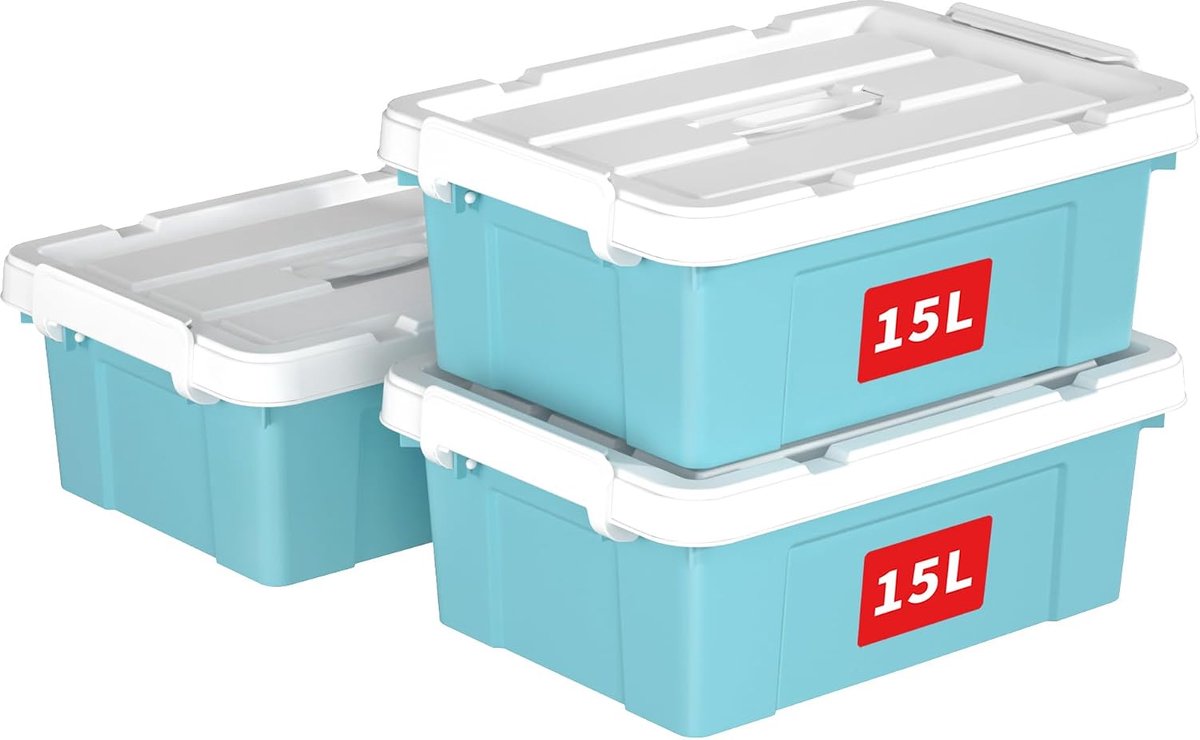 15L x 3 opbergdozen, plastic opbergdoos met deksels, organiserende container met handvat en veilige vergrendelende gespen, stapelbaar, nestbaar, draagtas voor thuiskantoor kleding, 15L-3Pack,