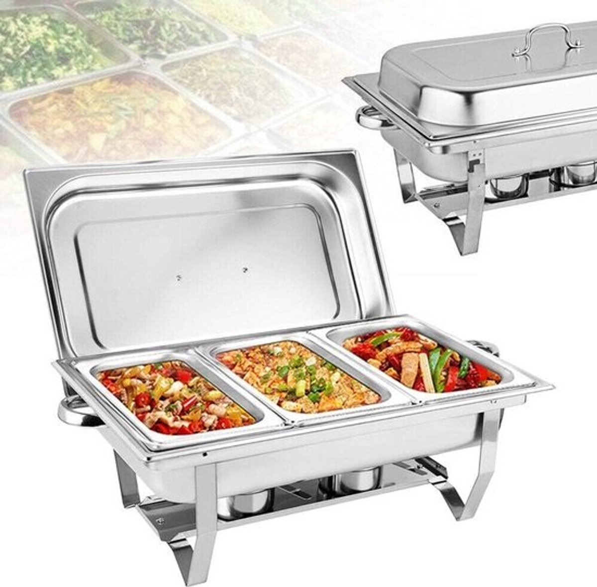 RVS Buffet Warmer 9L - Warmhoudschaal met 3 Inzetbakken en Inklapbaar Frame
