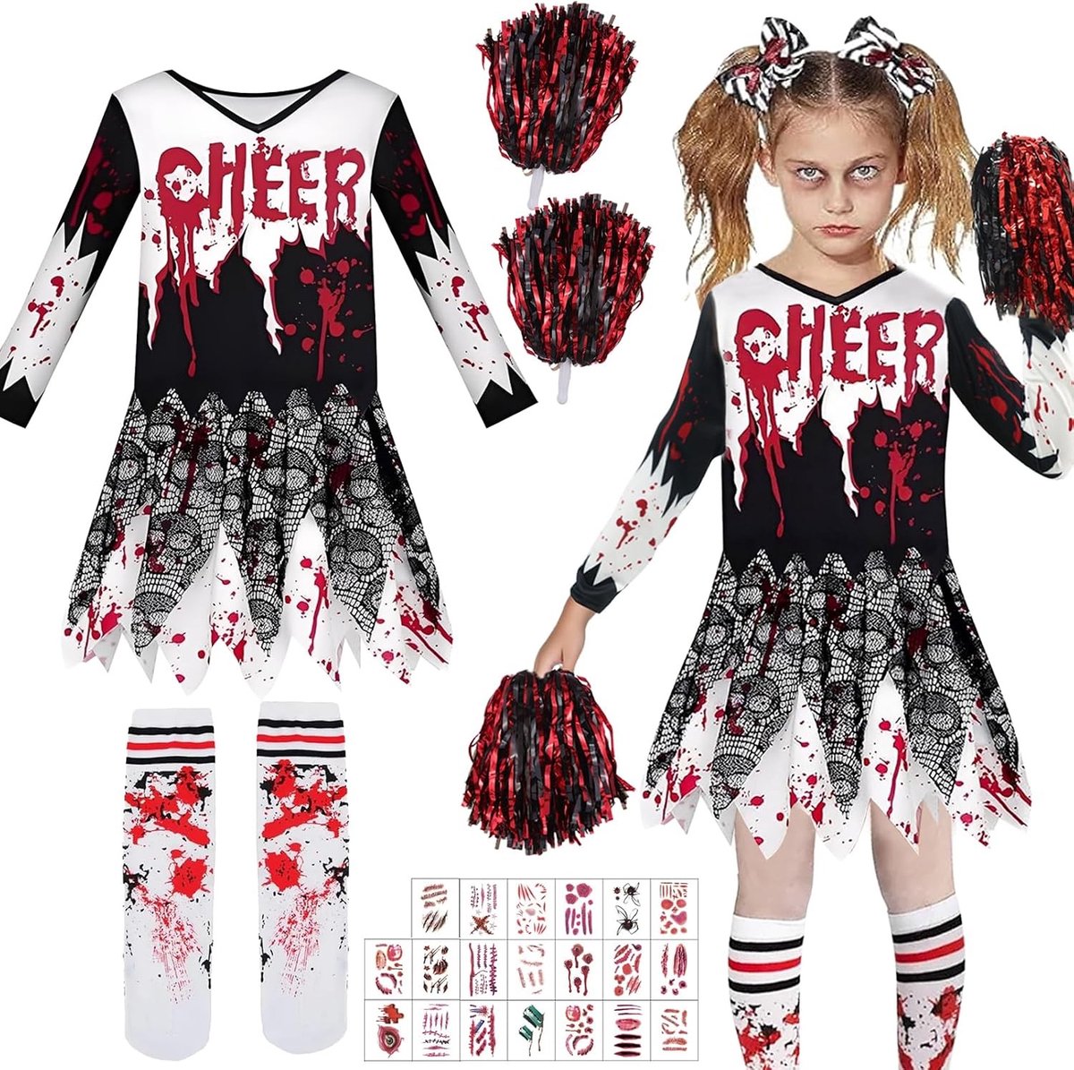 Halloween Zombie Cheerleader Kostuum voor Meisjes met Pompoms, Kousen en Tatoeages - Bloederige Horror Outfit voor Carnaval en Feesten