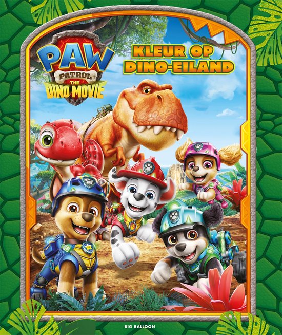 De Paw Patrol pups Chase, Marshall, Skye, Rubble, Zuma en Rocky, met een dinosaurus en een kleine rode dinosaurus, op Dino-eiland.