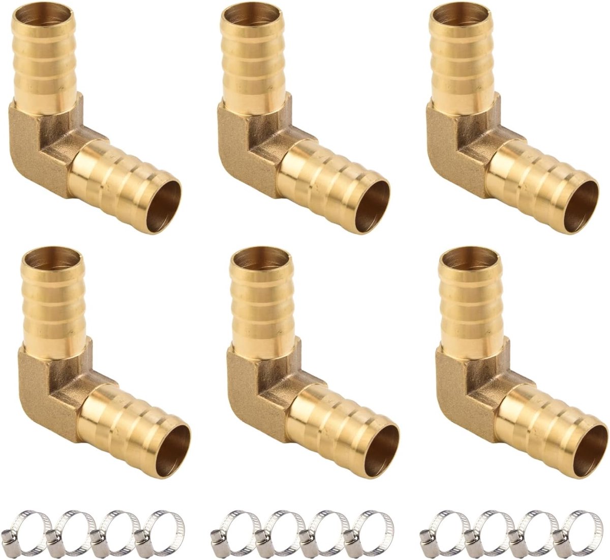 6 Delen Messing Haakse 90° Koppeling 14mm | Voor richtingverandering in beperkte ruimtes (water, lucht, brandstof) | Inclusief 12 RVS Slangklemmen