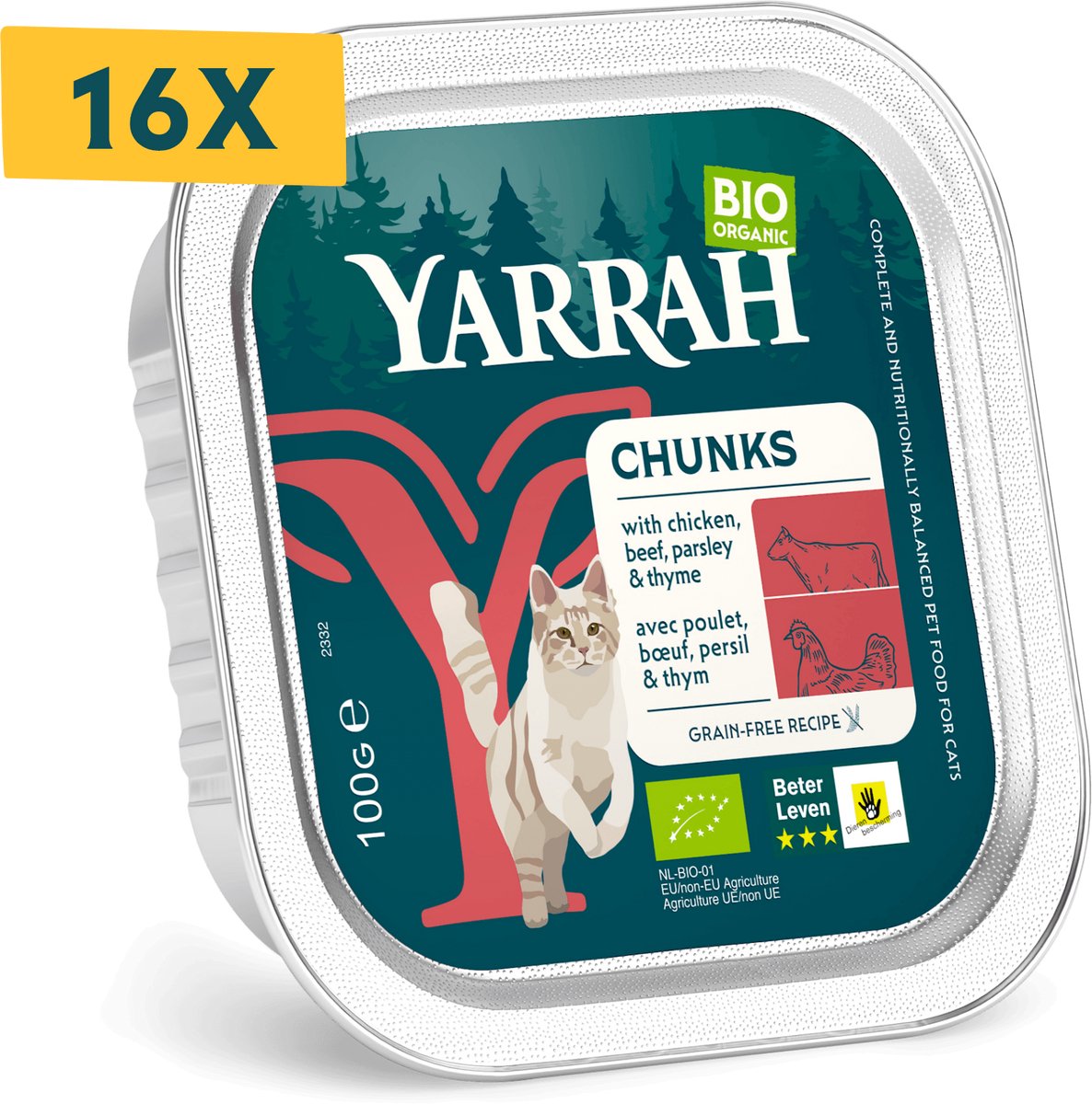 Yarrah Biologisch kattenvoer chunks met kip en rund - 16 x 100gr