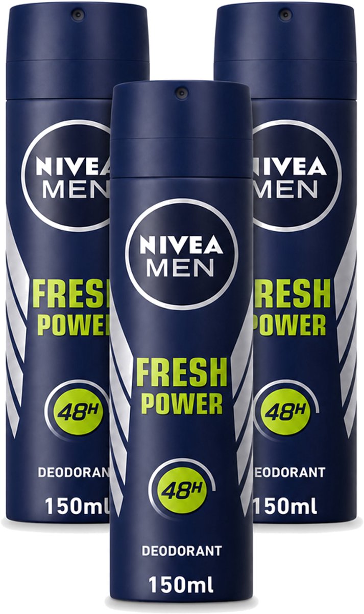 3 x Nivea - Men - Deodorant - Spray - Fresh Power - 48 Uur Lang Werkend - 150 ml - Bulkverpakking - 3 stuks