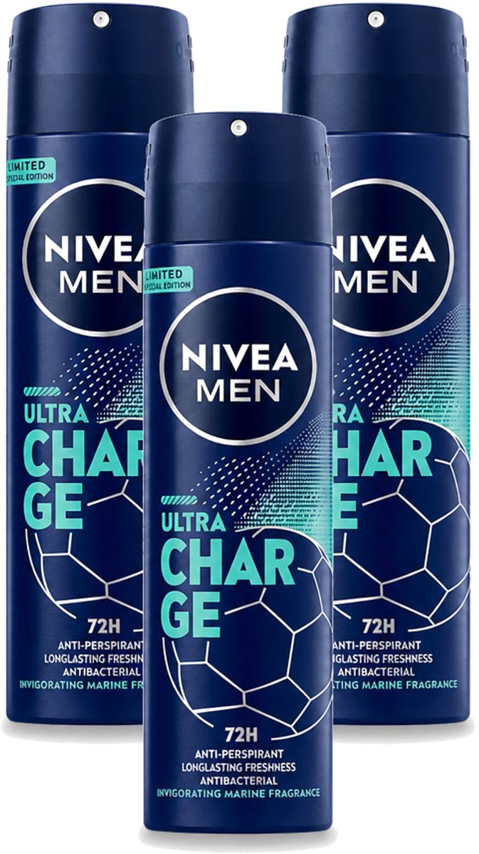 3 x Nivea - Men - Deodorant - Spray - Ultra Charge - 150 ml - Bulkverpakking - 3 stuks