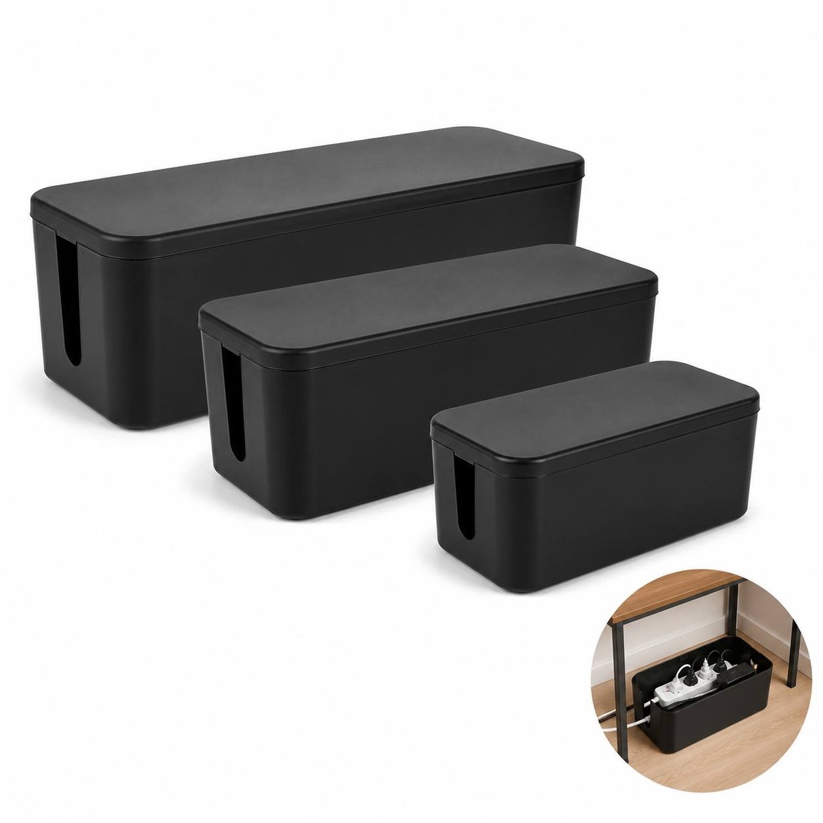 DIVERZA Kabelbox 3 Delig – Kabelmanagement Set – Kabels Netjes Wegwerken – Kabel Organizer – 3 Maten Zwart