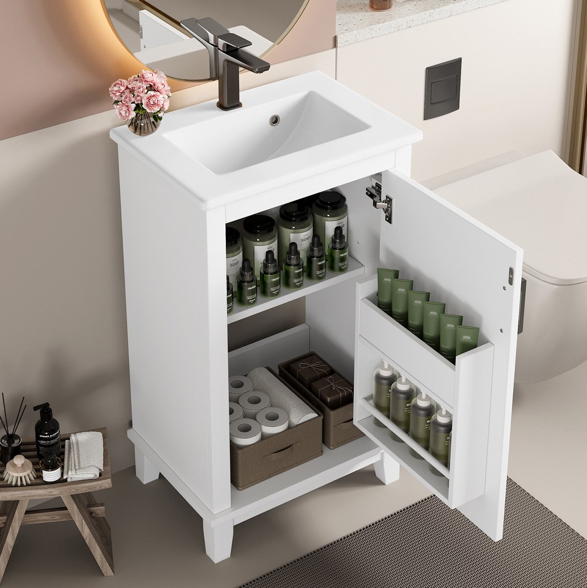 MEUNIQ Staand badkamermeubel 51 x 34 x 83 cm met geïntegreerde keramische wastafel, 1 deur, verstelbare plank en overloop – wit