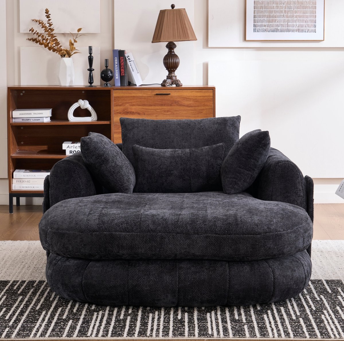 MODENUIT Chaise Longue 1-Zits - Diepe Zitting Met Kussens - Voor Woonkamer En Slaapkamer - Chenille Zwart