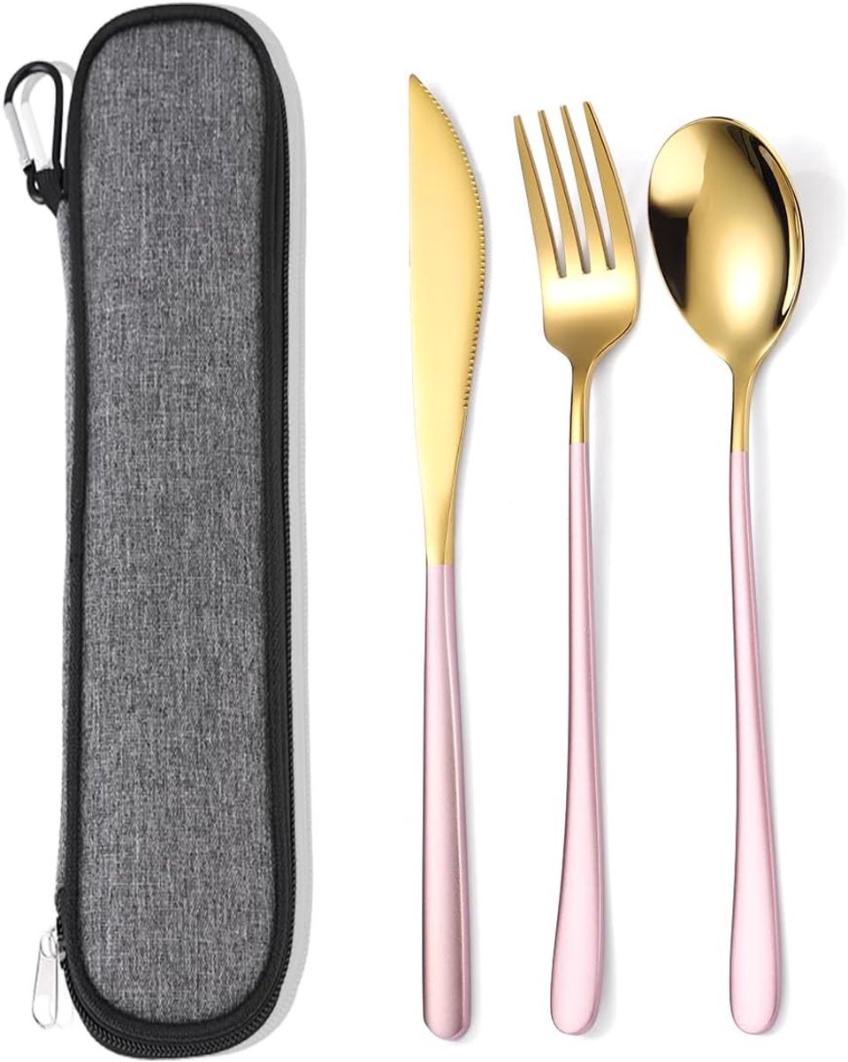 Gouden bestekset - Roségoud - 3-delig - Roestvrijstalen draagbare set met etui - Voor reizen en dagelijks gebruik