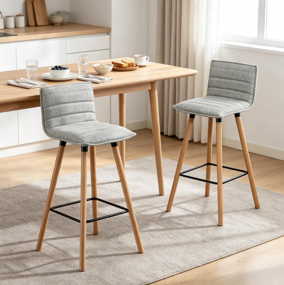 MODENUIT Barkruk 48x48x99,5 cm - Set Van 2 Met Rugleuning En Voetensteun - Keuken En Bar - Stof Lichtgrijs