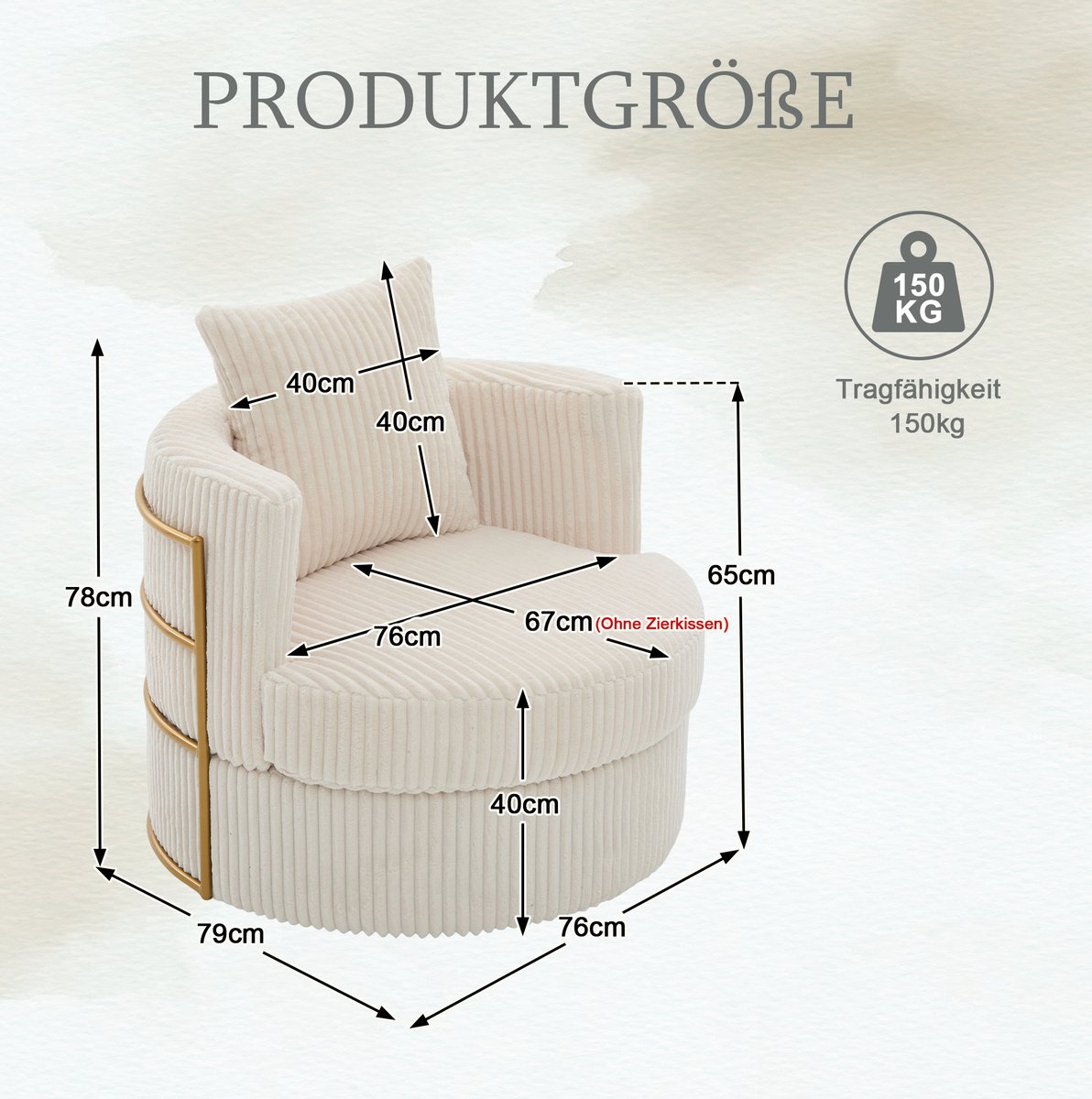 MODENUIT Fauteuil 79 x 76 x 78 cm - Draaibaar Met Opbergruimte - Woonkamer En Slaapkamer - Ribstof Beige