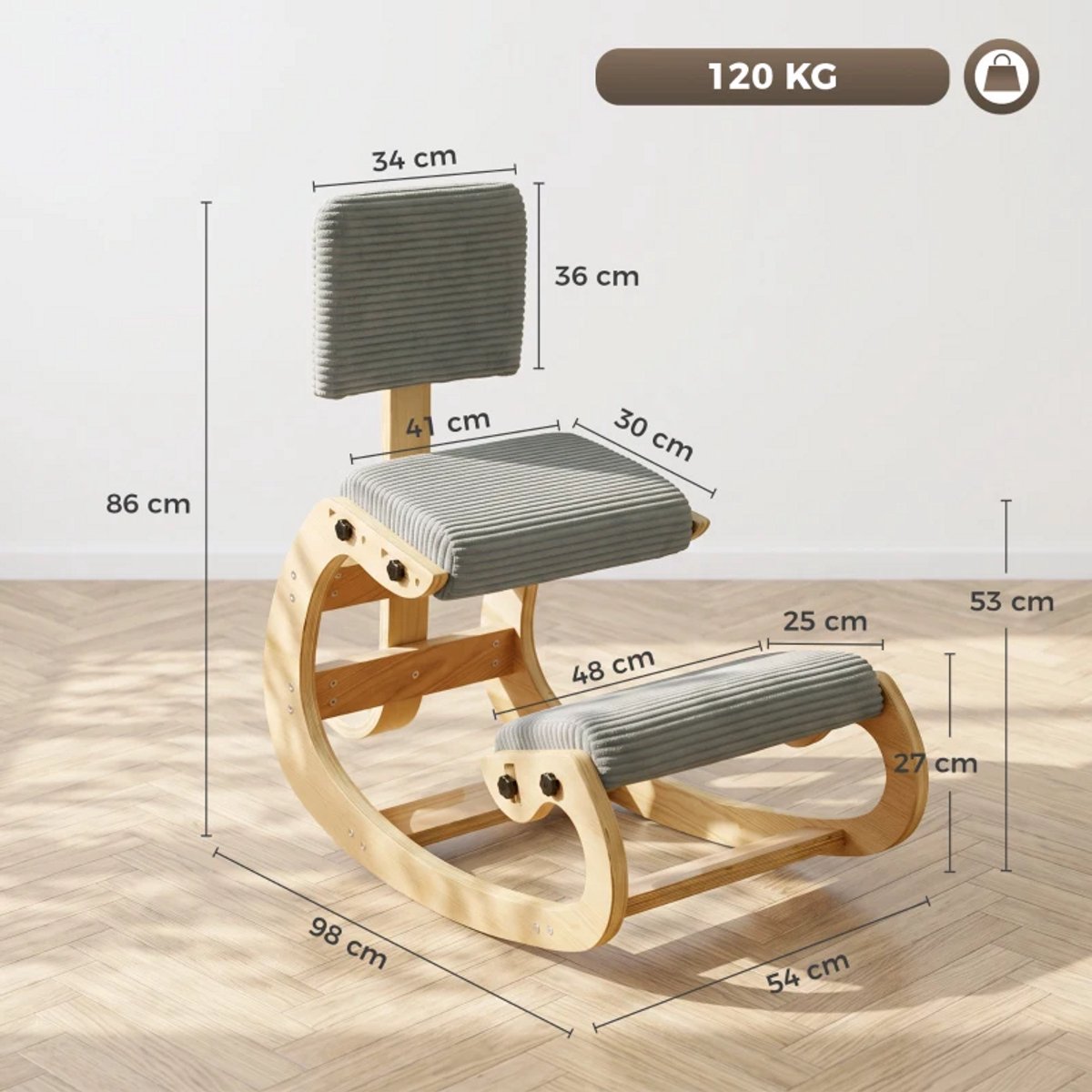 MODENUIT Kniekruk 98 x 54 x 86 cm - Met Rugleuning en Kniekussen - Voor Bureau en Meditatie - Hout Donkergrijs