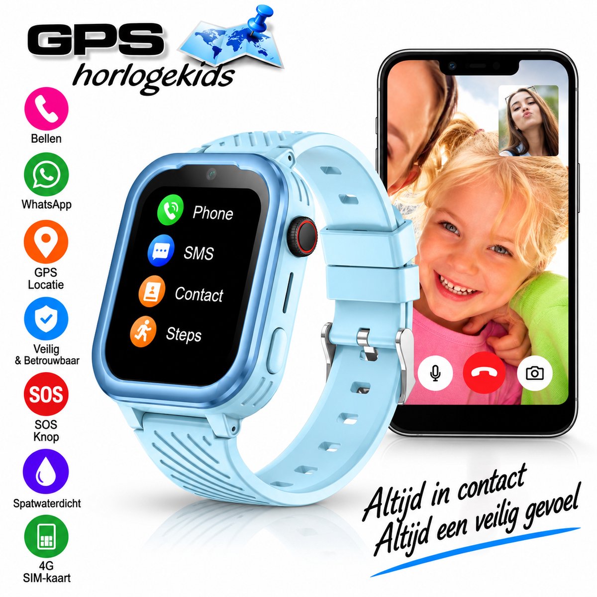 GPSHorlogeKids© - GPS horloge kind - smartwatch kinderen - WhatsApp - 4G videobellen - spatwaterdicht - SOS alarm - SMS - incl SIM - Turn Blauw