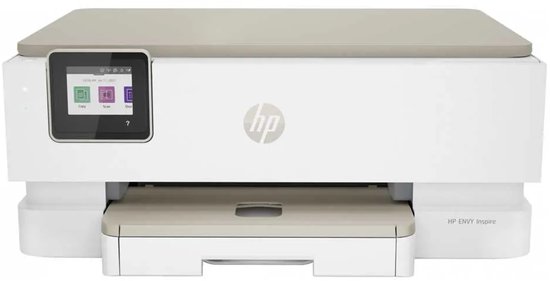 Witte HP Envy Inspire printer met beige deksel en touchscreen.
