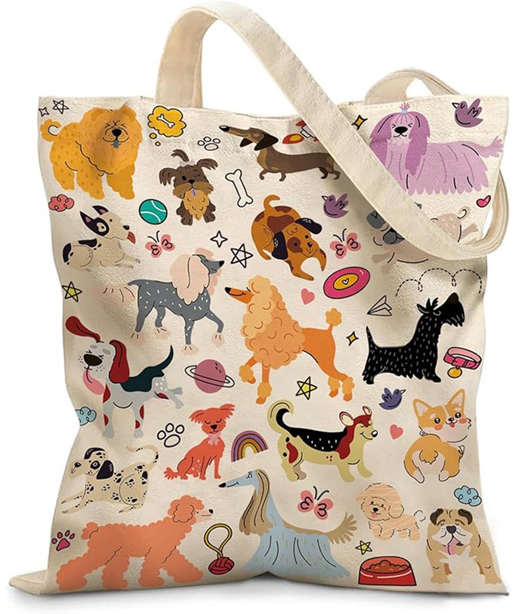 Cadeau voor vrouwen – Stijlvolle canvas tas – Met leuke ontwerpen – Herbruikbare boodschappentas – Ook te gebruiken als modeaccessoire – Dessin met hondenthema